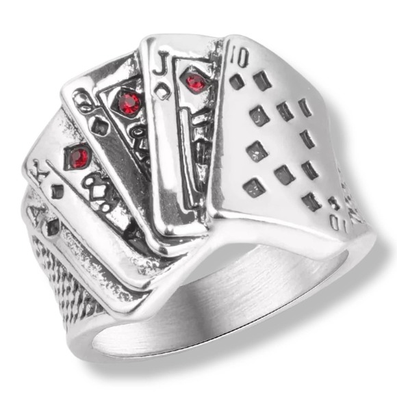 Silver Tone Straight Flush Round Crystal and Enamel Poker Cards Band Ring - Picture 1 of 6